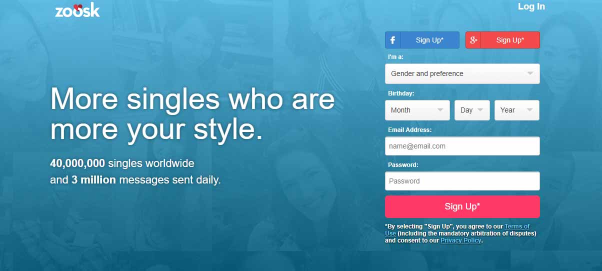 Zoosk homepage for international dating site review